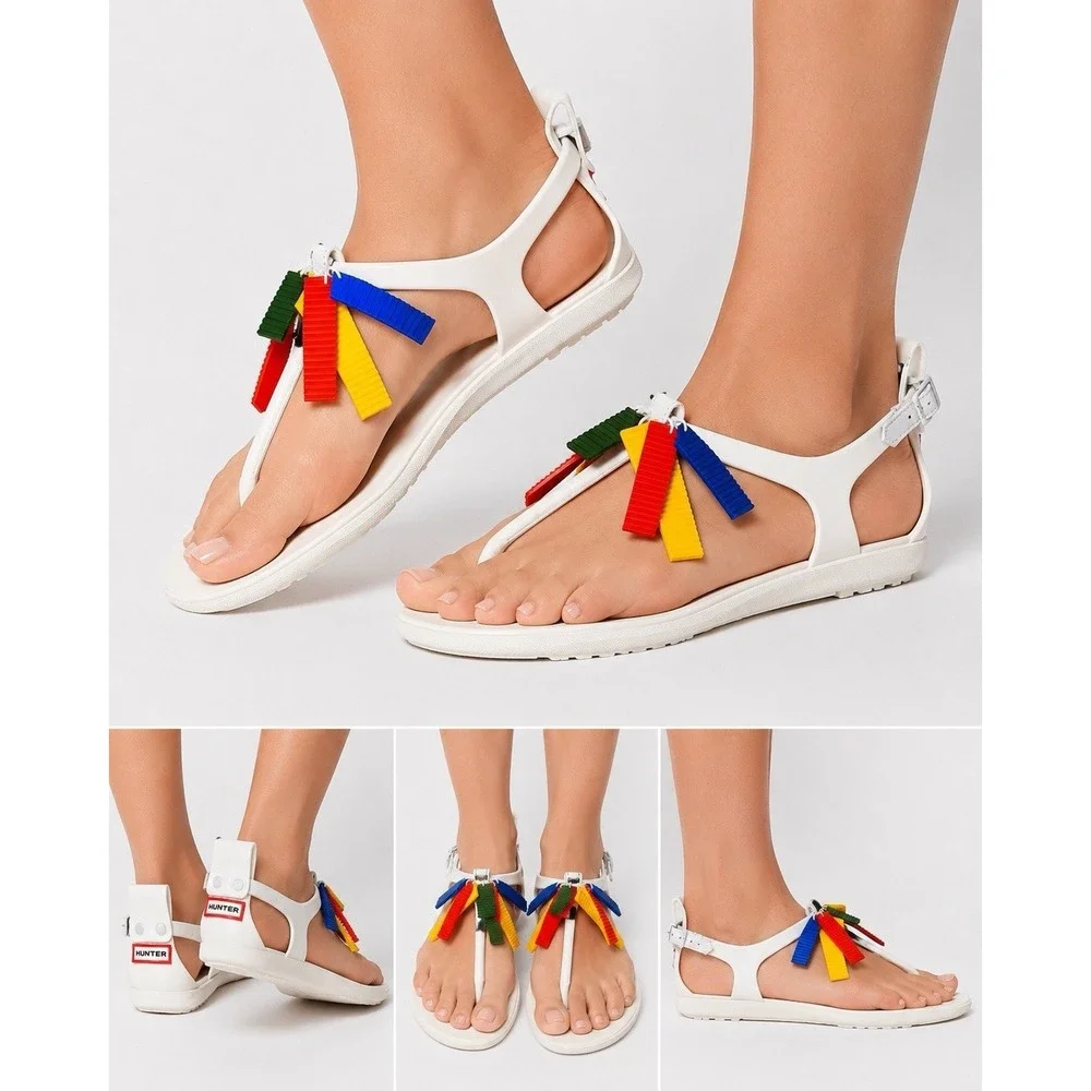 Hunter Original White T-Strap Sandals Rainbow Fringe Charms Women's US 6